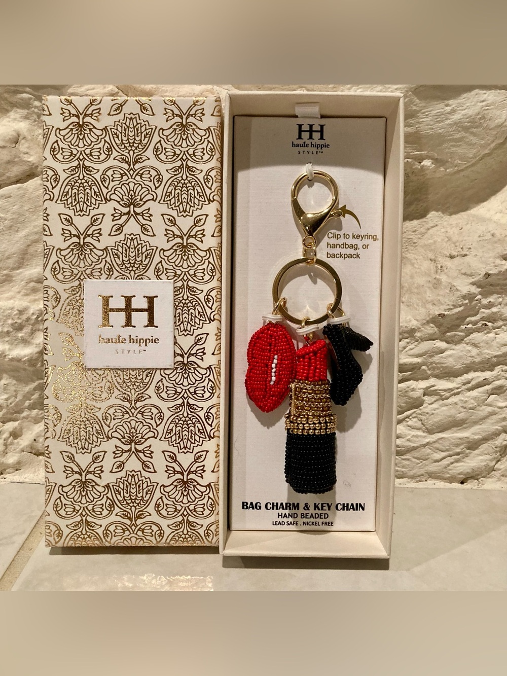 NIB Haute Hippie Red/Black Beaded Lipstick Bag Charm Key Chain w/Gold Hardware